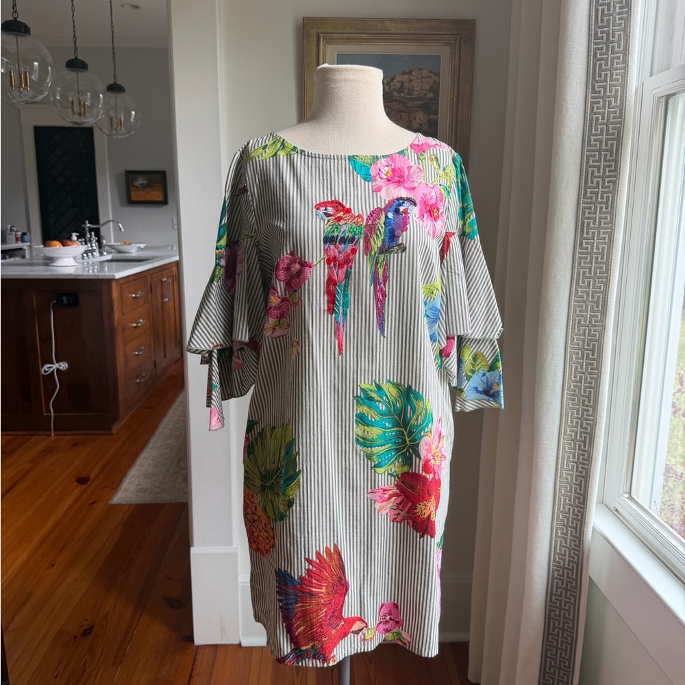 Derhy Floral Striped Dress with Ruffle Sleeves